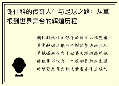 谢什科的传奇人生与足球之路：从草根到世界舞台的辉煌历程